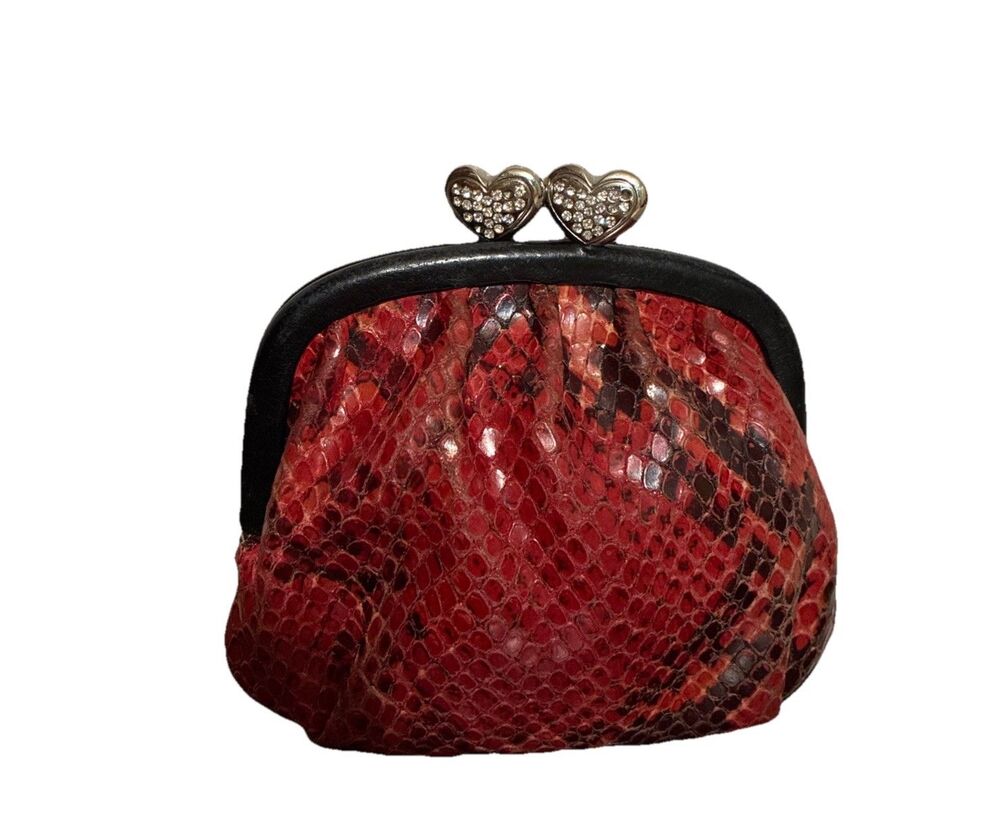 Vintage Brighton Snakeskin Red/Black Rhinestone Heart Kiss-lock Coin Purse RARE